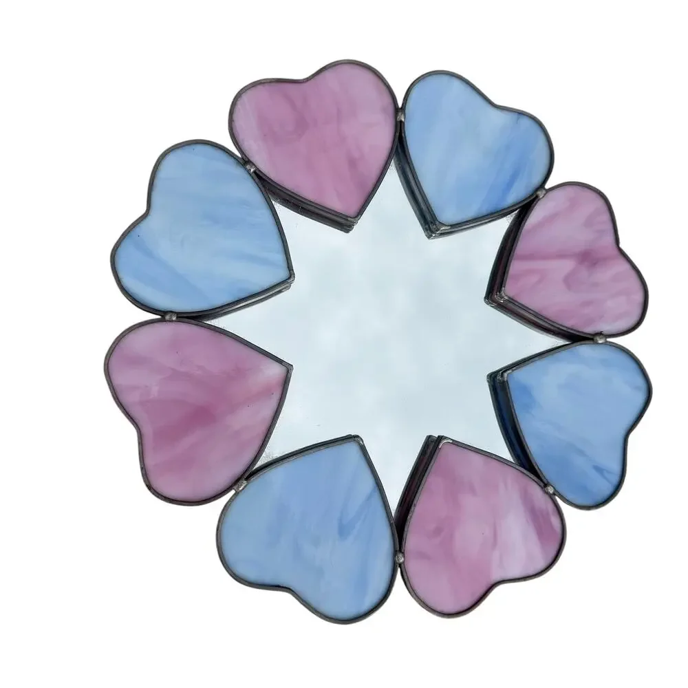Vintage Blue Pink Stained Glass Heart Mirror Round 10.5” - Small Wall Hanging